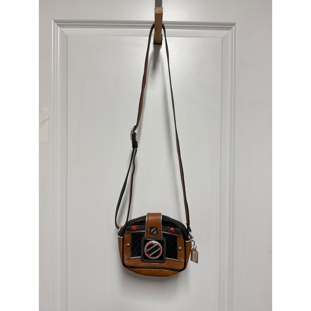 Brighton Fashionista Camera Crossbody Bag Brown‎ Black Leather Novelty Purse